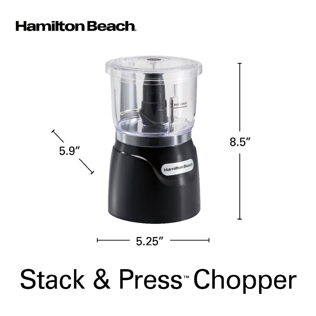 Hamilton Beach Stack and Press™ Food Chopper, 710 ml / 3 cup capacity, 350W, chop, puree, emulsify, easy cleaning with removable bowl and blade, cord wrap for easy storage, 72850-ME