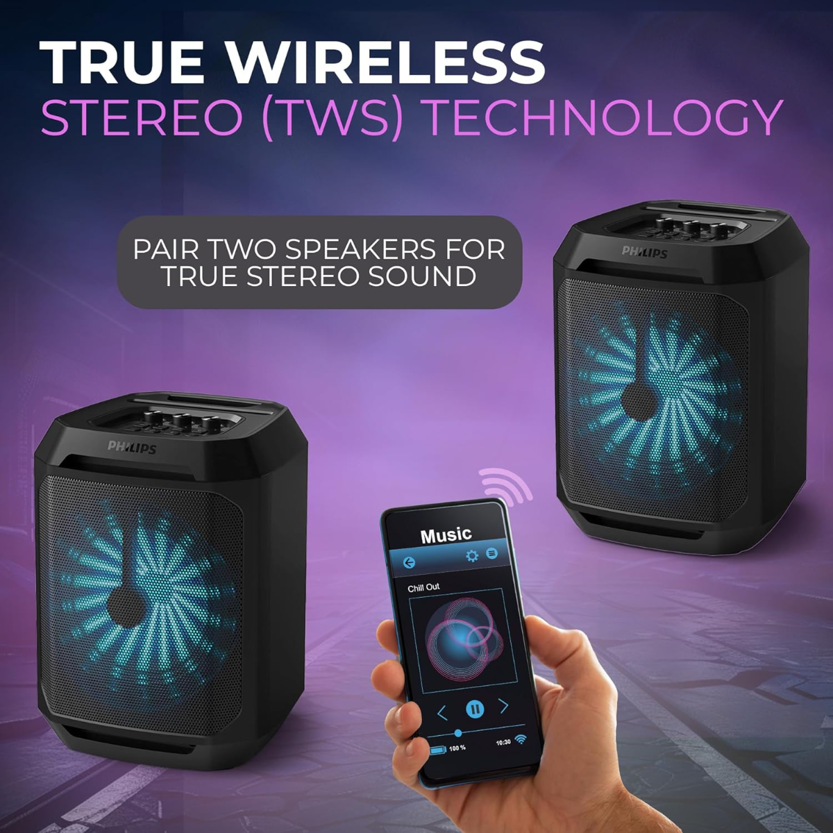 Philips Bluetooth Party Speaker, Dynamic Bass Boost, Bluetooth and Aux-in, Microphone Input, Wireless Pairing for Stereo Sound, Up to 7 Hours Battery, Built-in Carry Handle, USB-C TAX2208/00