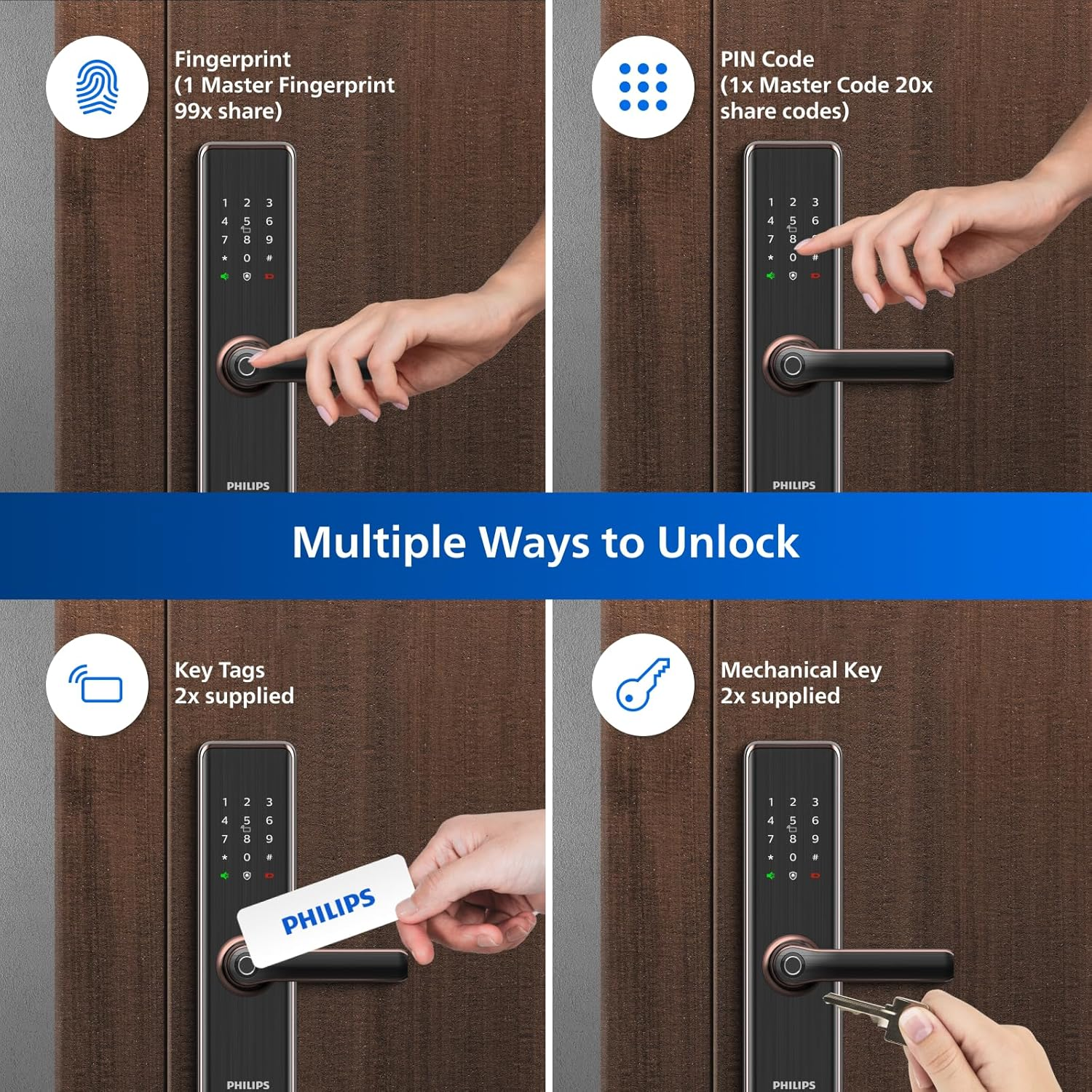 Philips EasyKey 7300-5HB Smart Door Lock - Smart Lock, Smart Door Lock , Fingerprint Lock, Smart Home, Home Improvement, Keyless Door Lock, Smart Home Gadgets, Safety Lock- Copper Mohammed Fakhroo& Bros.