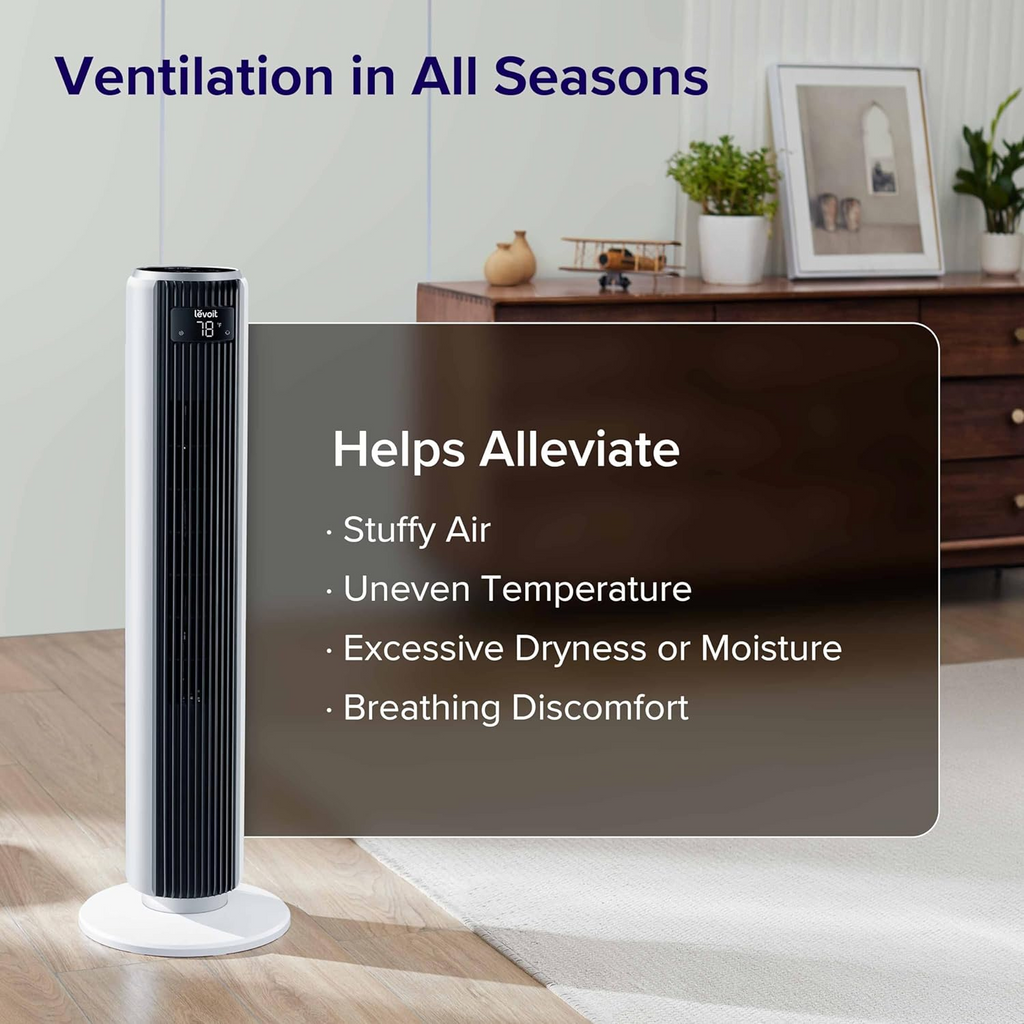 Levoit Tower Fan For Bedroom, 25ft/s Velocity 28dbs Cooling Fan, Bladeless and 90° Oscillating Fan With 5 Speeds, 4 Modes, 12H Timer, Standing Fan For Home, White, Classic 36'