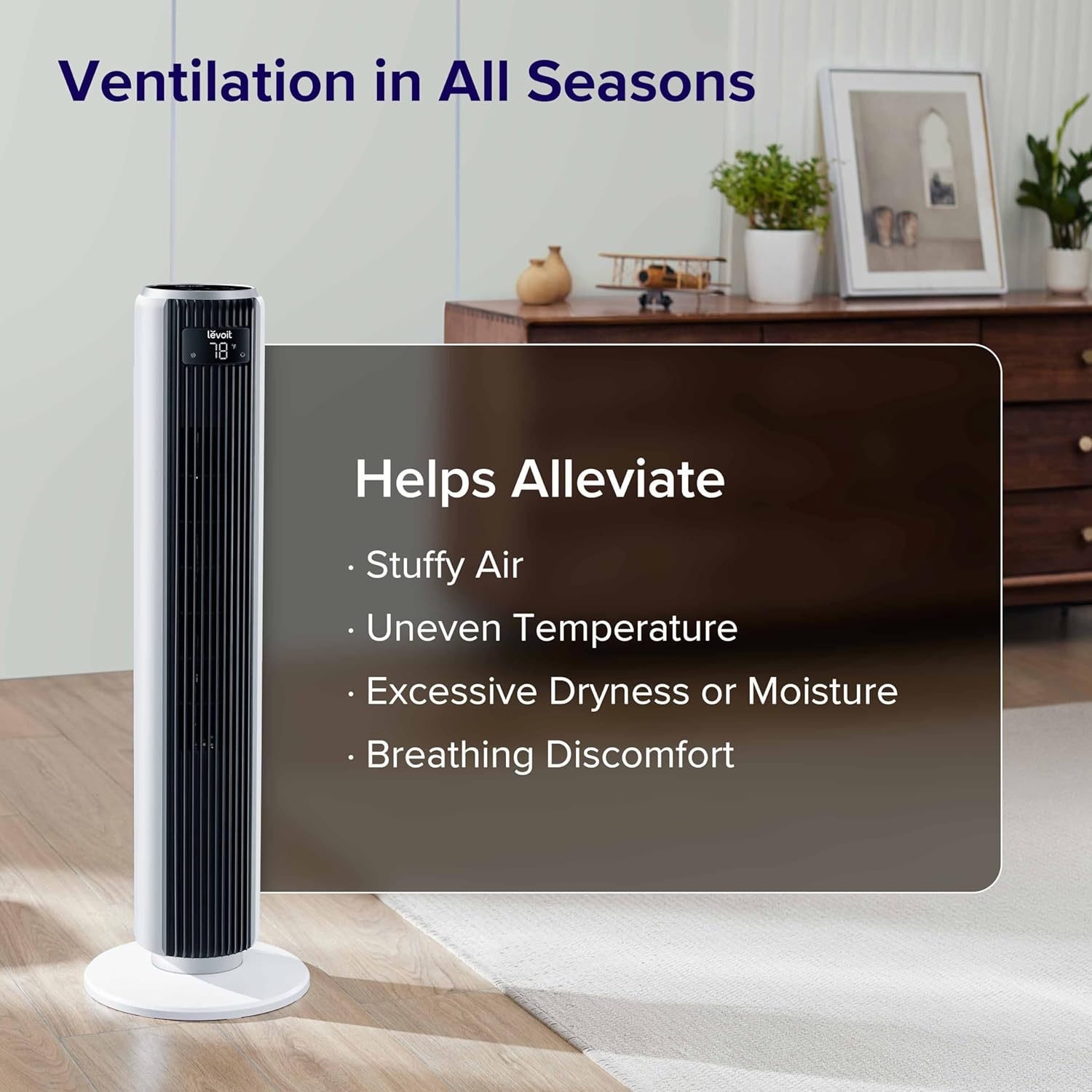 Levoit Tower Fan For Bedroom, 25ft/s Velocity 28dbs Cooling Fan, Bladeless and 90° Oscillating Fan With 5 Speeds, 4 Modes, 12H Timer, Standing Fan For Home, White, Classic 36'