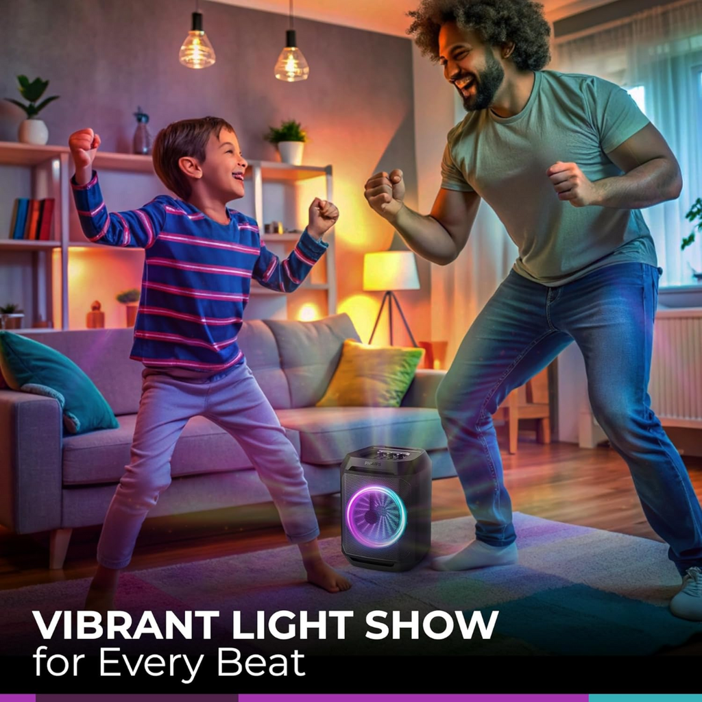 مكبر صوت حفلات فيليبس بتقنية البلوتوث، تعزيز ديناميكي للباس، بلوتوث ومدخل AUX، مدخل ميكروفون، اقتران لاسلكي لصوت ستيريو، بطارية تدوم حتى 7 ساعات، مقبض حمل مدمج، USB-C TAX2208 