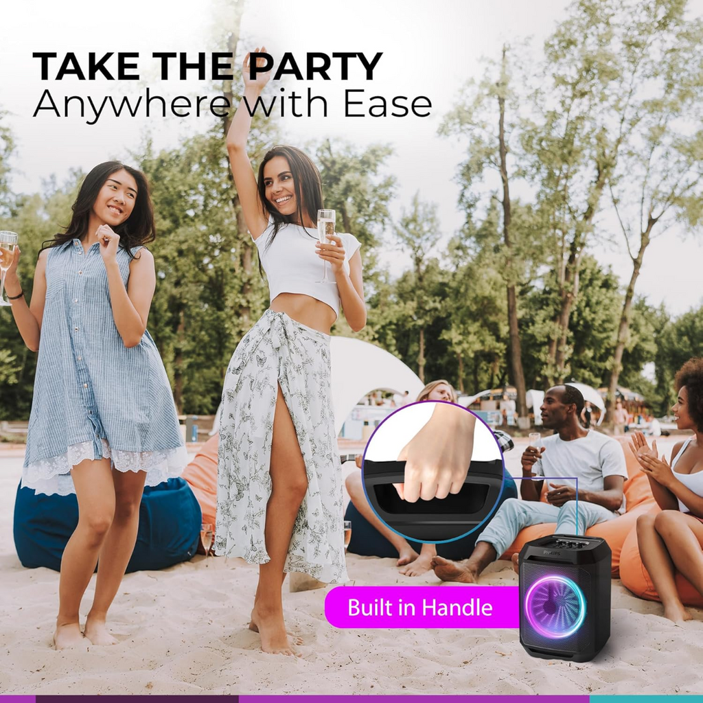 مكبر صوت حفلات فيليبس بتقنية البلوتوث، تعزيز ديناميكي للباس، بلوتوث ومدخل AUX، مدخل ميكروفون، اقتران لاسلكي لصوت ستيريو، بطارية تدوم حتى 7 ساعات، مقبض حمل مدمج، USB-C TAX2208 
