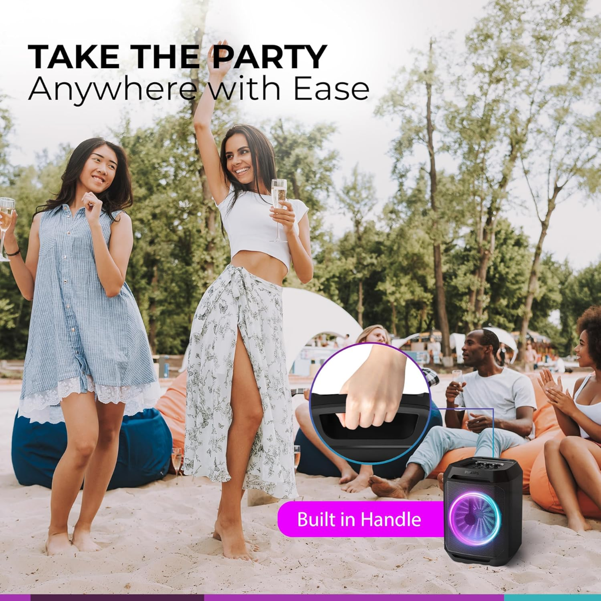 مكبر صوت حفلات فيليبس بتقنية البلوتوث، تعزيز ديناميكي للباس، بلوتوث ومدخل AUX، مدخل ميكروفون، اقتران لاسلكي لصوت ستيريو، بطارية تدوم حتى 7 ساعات، مقبض حمل مدمج، USB-C TAX2208 