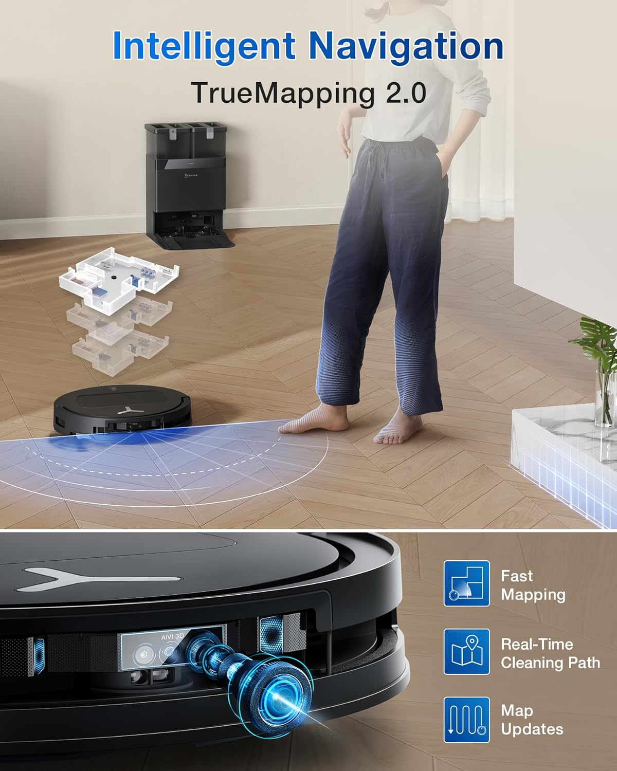 Ecovacs DEEBOT T50 PRO Omni Robot Vacuum and Mop, 3.19” Ultra-Slim, 15,000Pa Suction, ZeroTangle 2.0, TruEdge Edge Cleaning, AIVI 3D Obstacle Avoidance, Auto Mop Wash & Dry, Self-Emptying