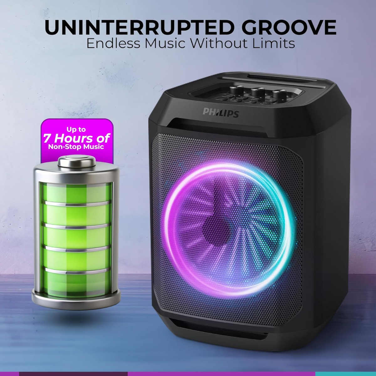 Philips Bluetooth Party Speaker, Dynamic Bass Boost, Bluetooth and Aux-in, Microphone Input, Wireless Pairing for Stereo Sound, Up to 7 Hours Battery, Built-in Carry Handle, USB-C TAX2208/00