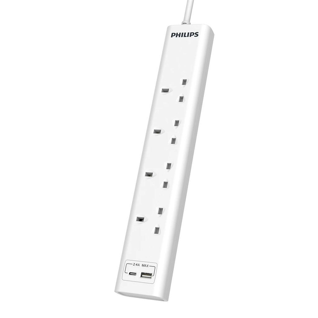 Philips Power Extension Cord, 4 Sockets, 1 USB & 1 Type C, 3M, White - CHP4141WB/89