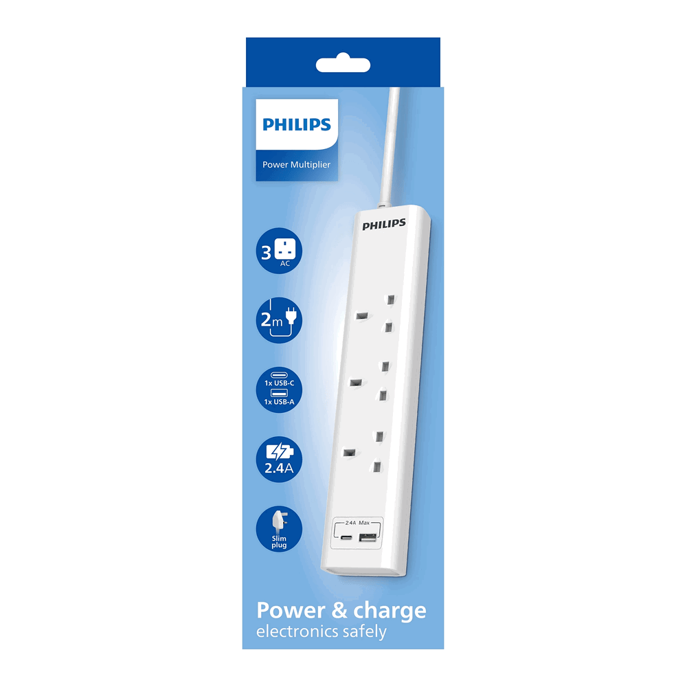 Philips Extension Cord , 3 Port UK, 1X USB-A & 1X USB-C, 2M, White - CHP4131WA/89