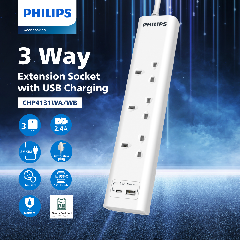 Philips Extension Cord , 3 Port UK, 1X USB-A & 1X USB-C, 3M, White - CHP4131WB/89
