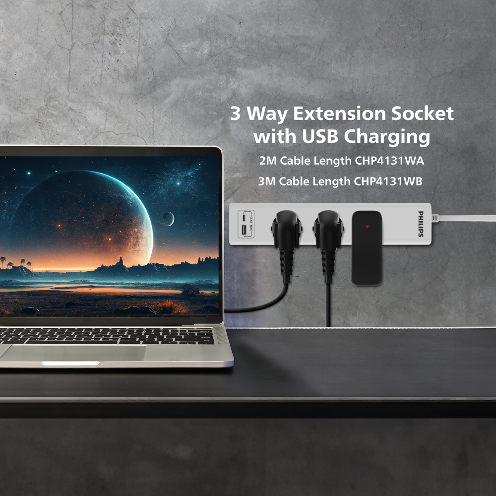 Philips Extension Cord , 3 Port UK, 1X USB-A & 1X USB-C, 3M, White - CHP4131WB/89