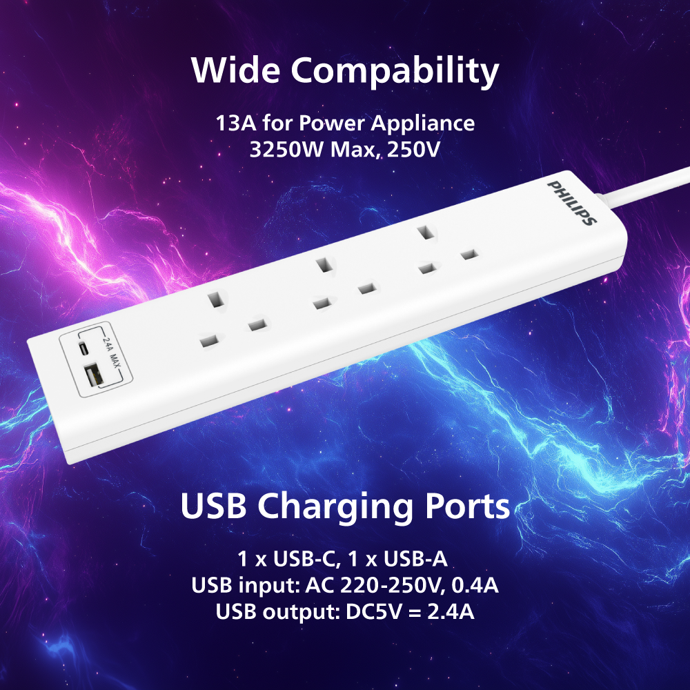 Philips Extension Cord , 3 Port UK, 1X USB-A & 1X USB-C, 2M, White - CHP4131WA/89