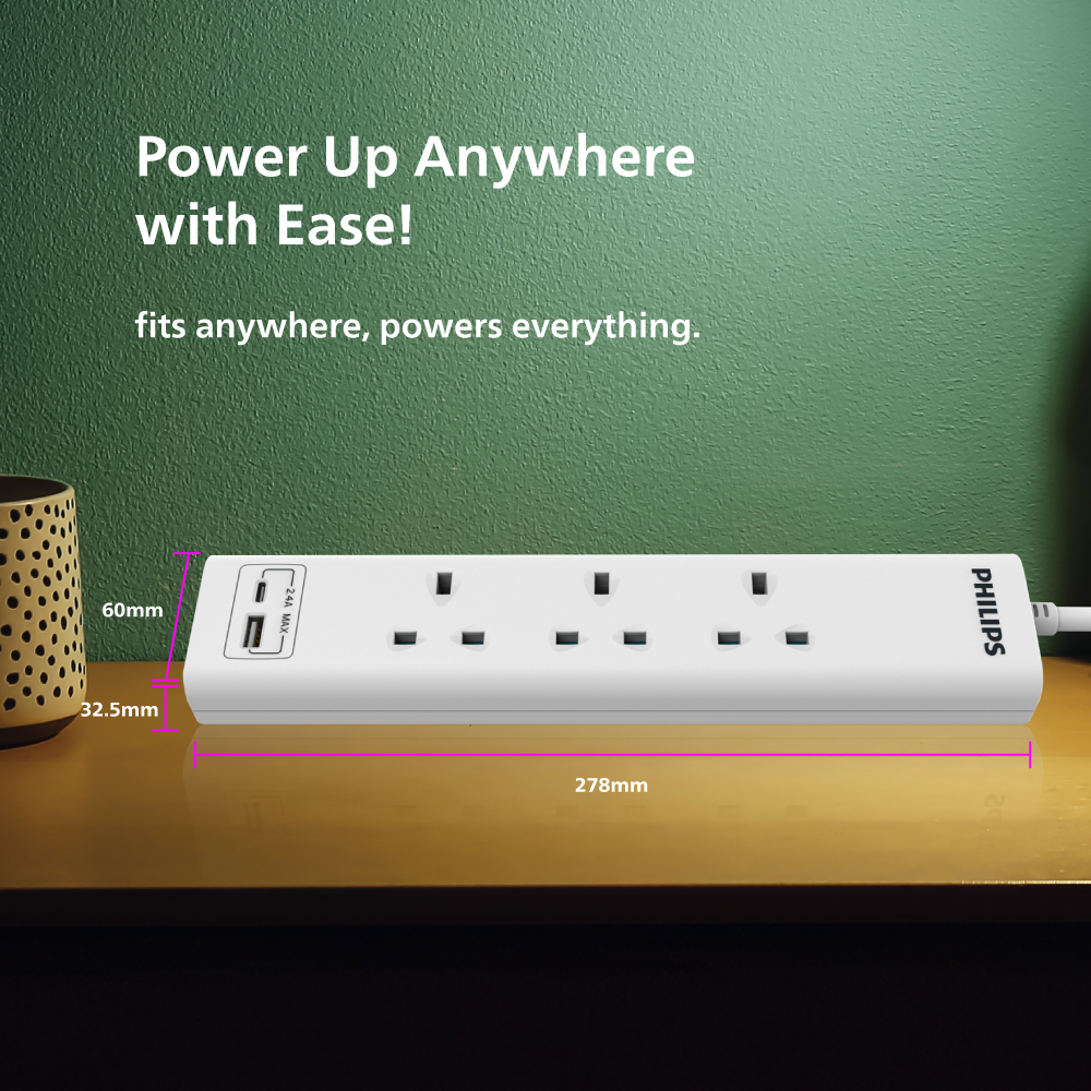 Philips Extension Cord , 3 Port UK, 1X USB-A & 1X USB-C, 3M, White - CHP4131WB/89