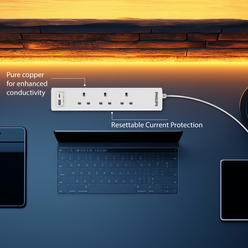 Philips Extension Cord , 3 Port UK, 1X USB-A & 1X USB-C, 2M, White - CHP4131WA/89