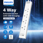 Philips Power Extension Cord, 4 Sockets, 1 USB & 1 Type C, 3M, White - CHP4141WB/89