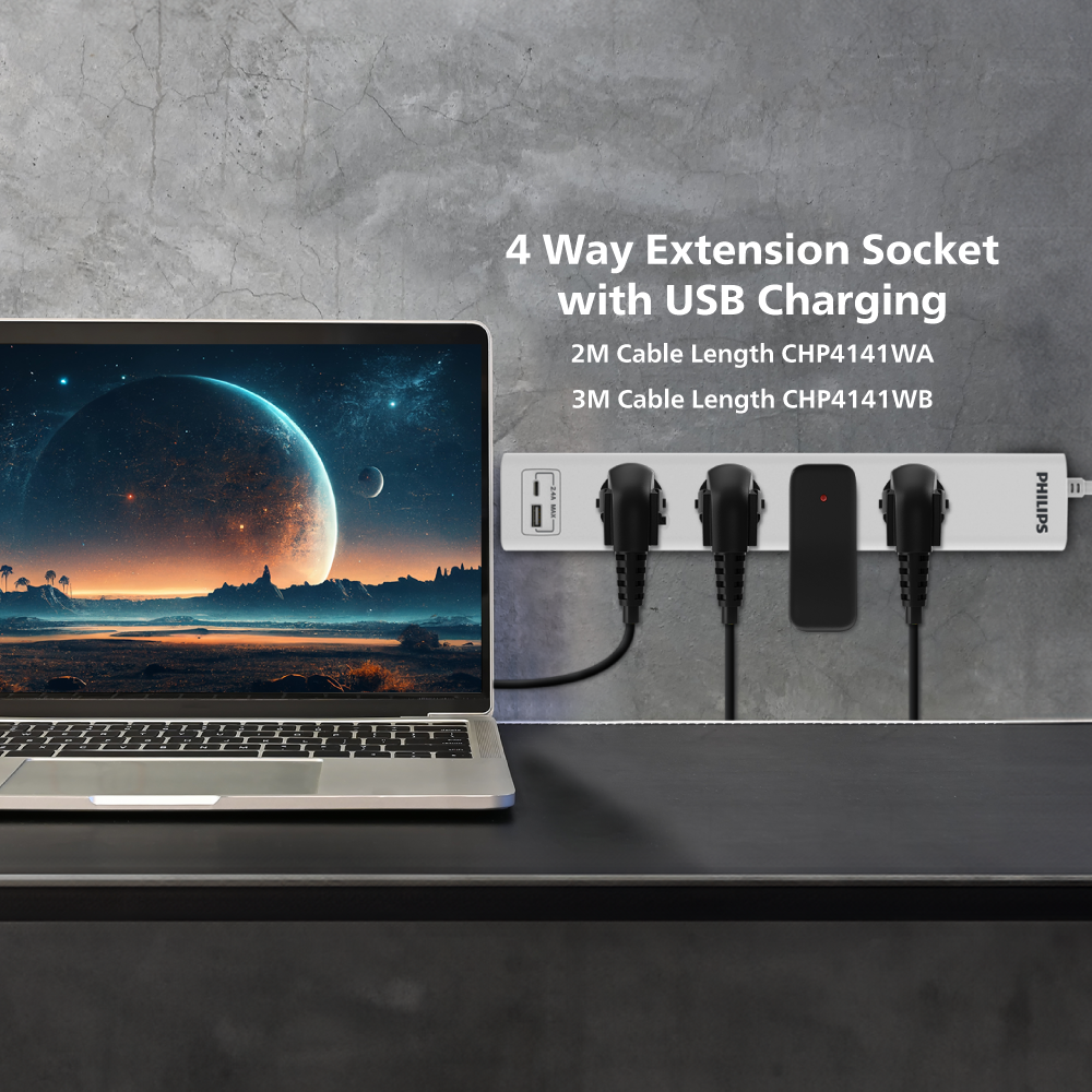 Philips Power Extension Cord, 4 Sockets, 1 USB & 1 Type C, 3M, White - CHP4141WB/89