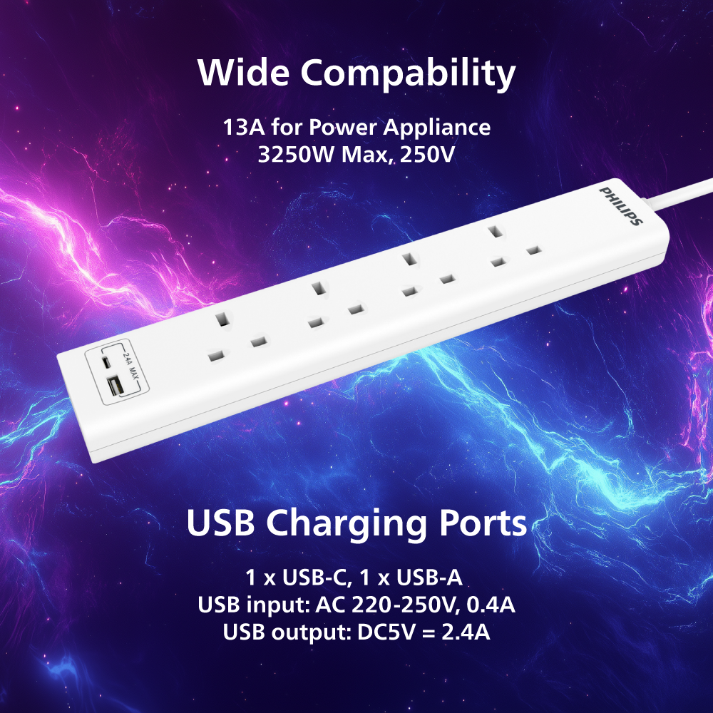 Philips Power Extension Cord, 4 Sockets, 1 USB & 1 Type C, 3M, White - CHP4141WB/89