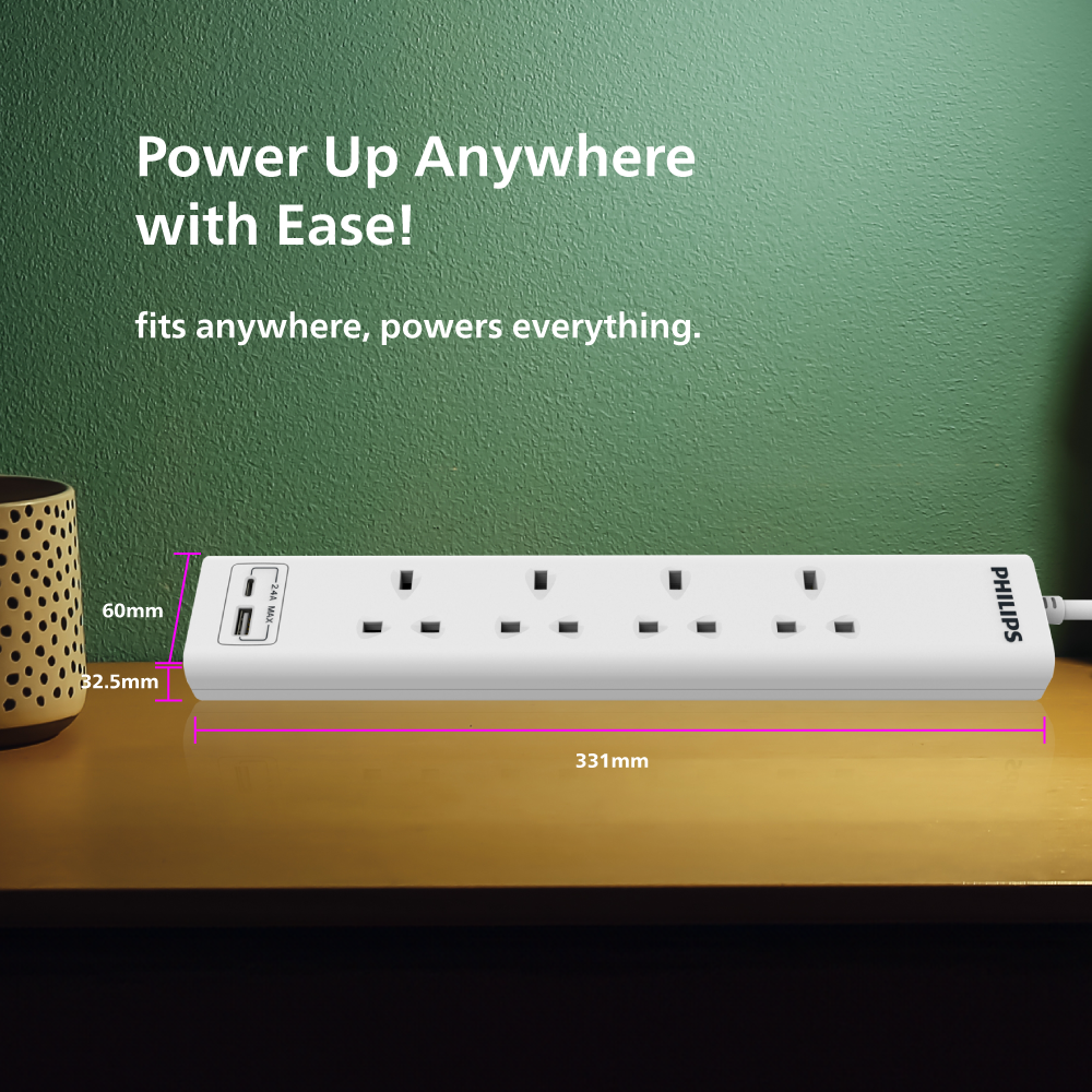 Philips Power Extension Cord, 4 Sockets, 1 USB & 1 Type C, 3M, White - CHP4141WB/89