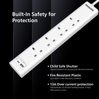 Philips Power Extension Cord, 4 Sockets, 1 USB & 1 Type C, 3M, White - CHP4141WB/89