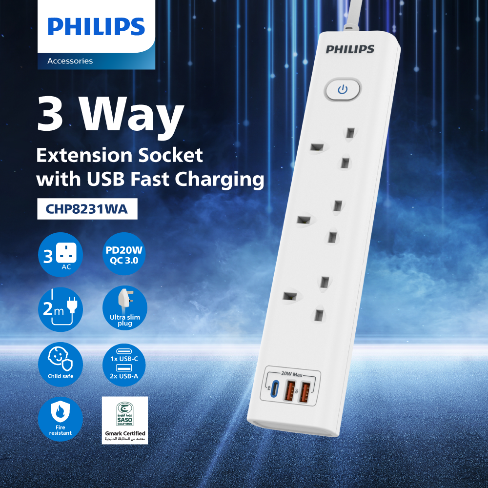 Philips 3-Way Power Extension Cord, 2M, 2 USB-A/1-C with Master Switch, CHP8231WA/89 – White