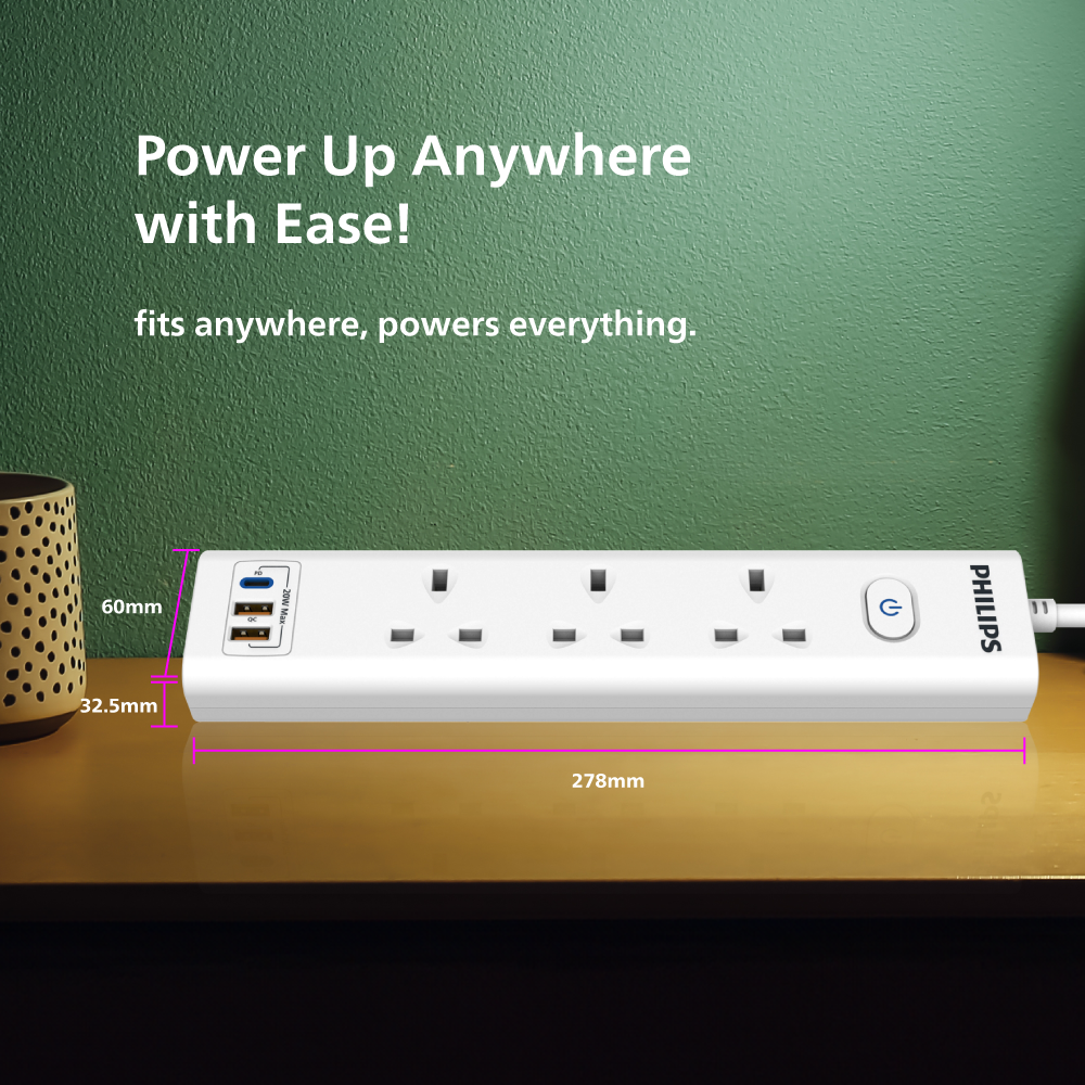 Philips 3-Way Power Extension Cord, 2M, 2 USB-A/1-C with Master Switch, CHP8231WA/89 – White