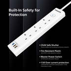 Philips 3-Way Power Extension Cord, 2M, 2 USB-A/1-C with Master Switch, CHP8231WA/89 – White
