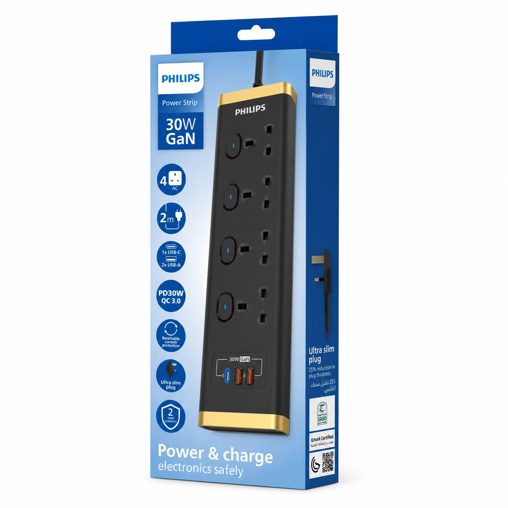 Philips Power Extension CHP8443BA/89 - 4 Outlets & 2 Meters, 2 USB A, 1 USB C- PD 30W Mohammed Fakhroo& Bros.