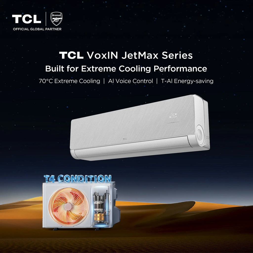TCL VoxIN Split AC with Inverter Compressor, Fast Cooling, Smart Energy Saving, Super Quiet Operation, 65°C Extreme Cooling, Smart App Control, Golden Fin. Mohammed Fakhroo& Bros.