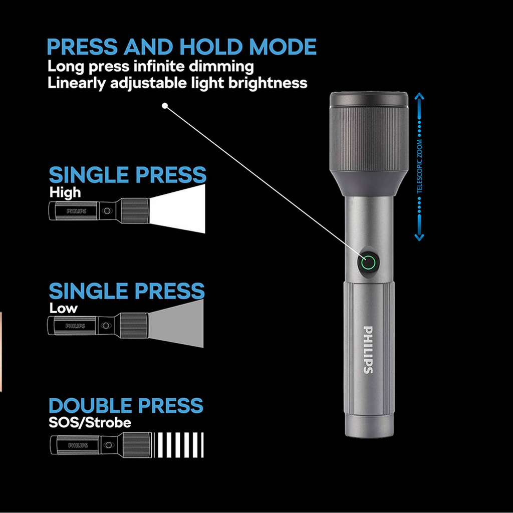 Philips Aircraft Aluminium Alloy 22cms Zoom LED Rechargeable Flashlight – 1000Lumens, 900m Range, 2000mAh SFL2142C3/56 ( PACK OF 3 ) Mohammed Fakhroo& Bros.