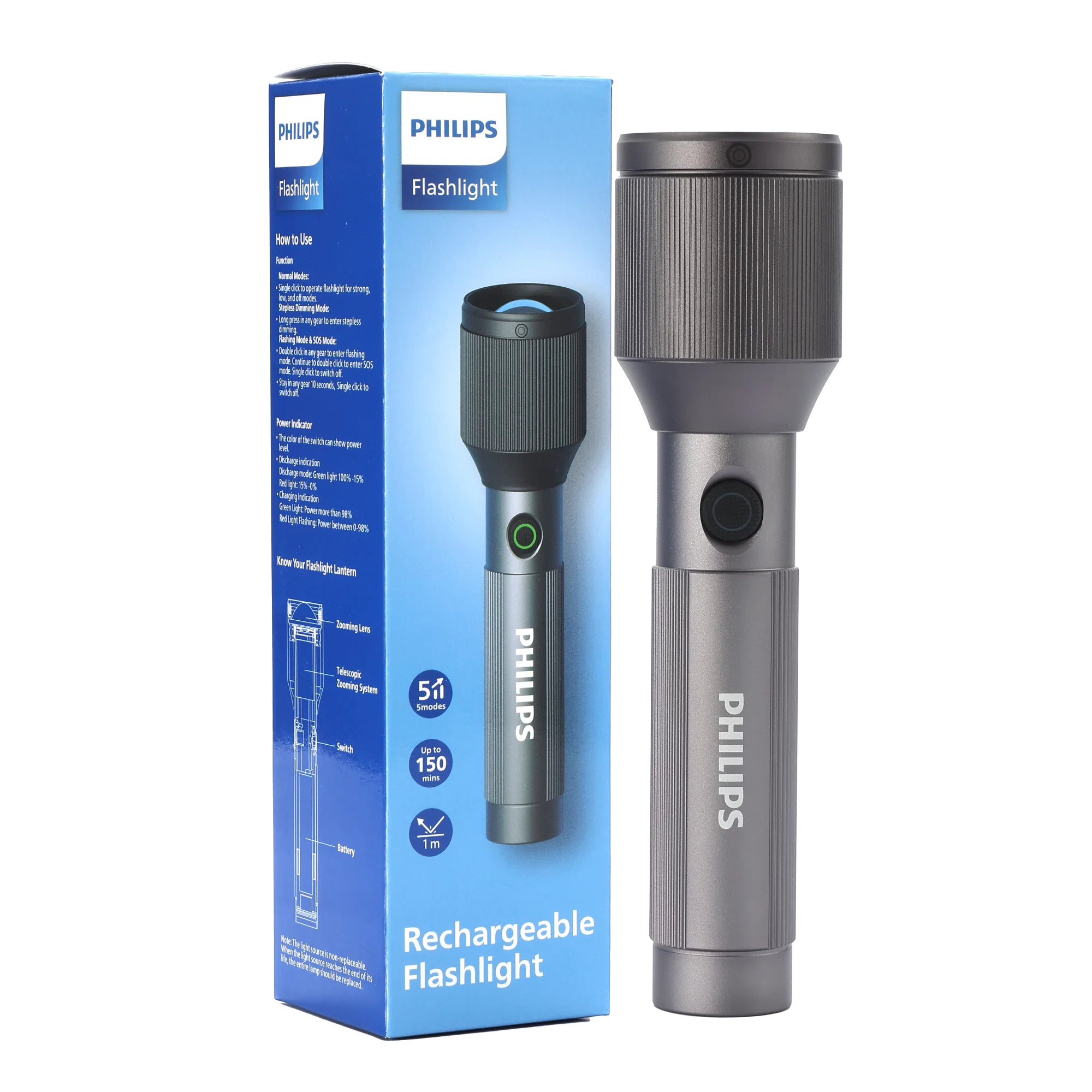 PHILIPS Aircraft Aluminium Alloy 22cms Zoom LED Rechargeable Flashlight / Torch – 1000Lumens, 900m Range, 2000mAh SFL2142/56