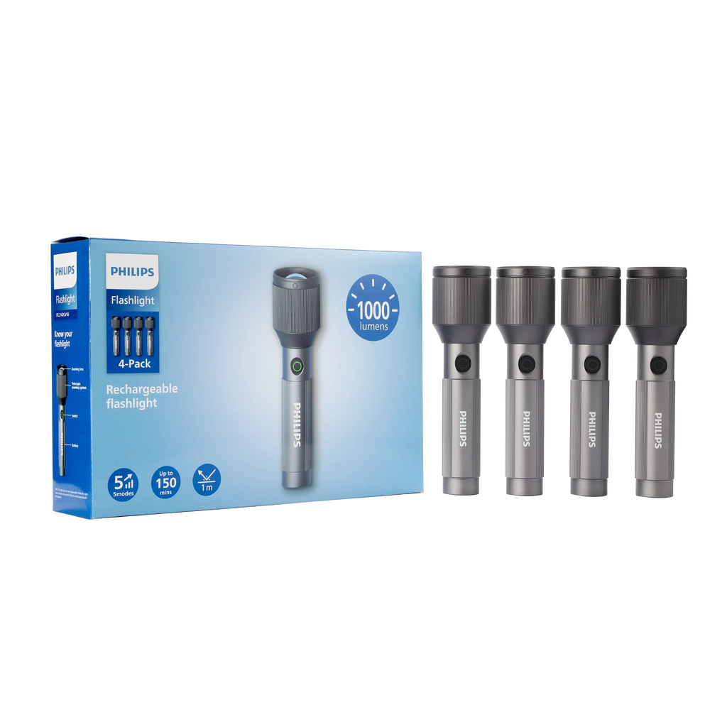 Philips Aircraft Aluminium Alloy 22cms Zoom LED Rechargeable Flashlight – 1000Lumens, 900m Range, 2000mAh SFL2142C4/56 ( PACK OF 4 ) Mohammed Fakhroo& Bros.