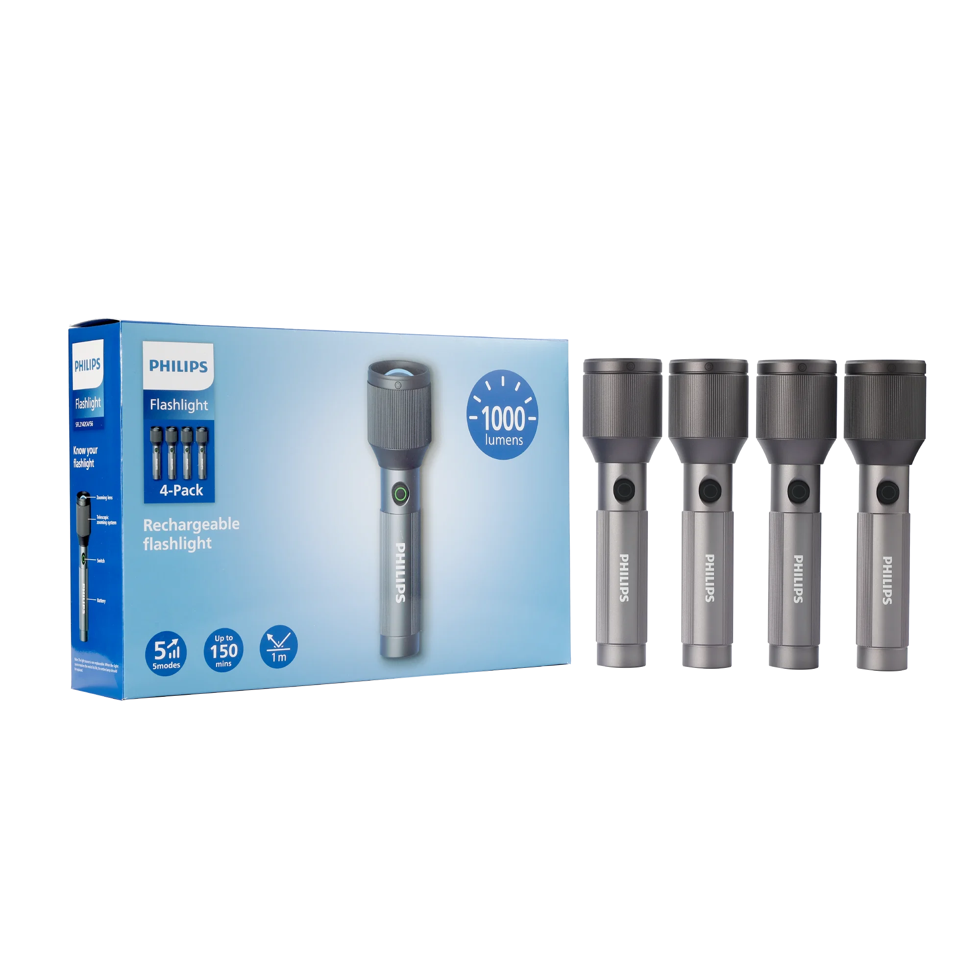 Philips Aircraft Aluminium Alloy 22cms Zoom LED Rechargeable Flashlight – 1000Lumens, 900m Range, 2000mAh SFL2142C4/56 ( PACK OF 4 ) Mohammed Fakhroo& Bros.