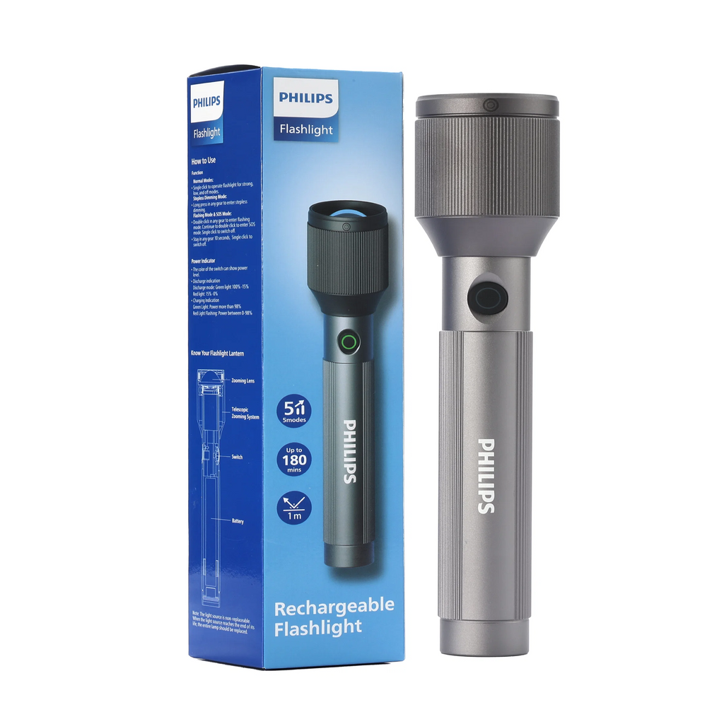 PHILIPS Aircraft Aluminium Alloy 25cms Zoom LED Rechargeable Flashlight – 1100Lumens, 950m Range, 3000mAh SFL2143/56