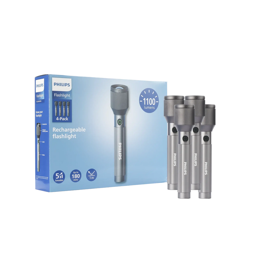 PHILIPS Aircraft Aluminium Alloy 25cms Zoom LED Rechargeable Flashlight – 1100Lumens, 950m Range, 3000mAh SFL2143C4/56 ( PACK OF 4 ) Mohammed Fakhroo& Bros.
