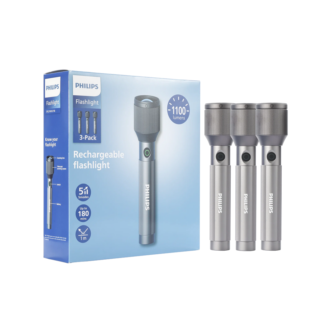 Philips Aircraft Aluminium Alloy 25cms Zoom LED Rechargeable Flashlight – 1100Lumens, 950m Range, 3000mAh SFL2143C3/56 ( PACK OF 3 ) Mohammed Fakhroo& Bros.