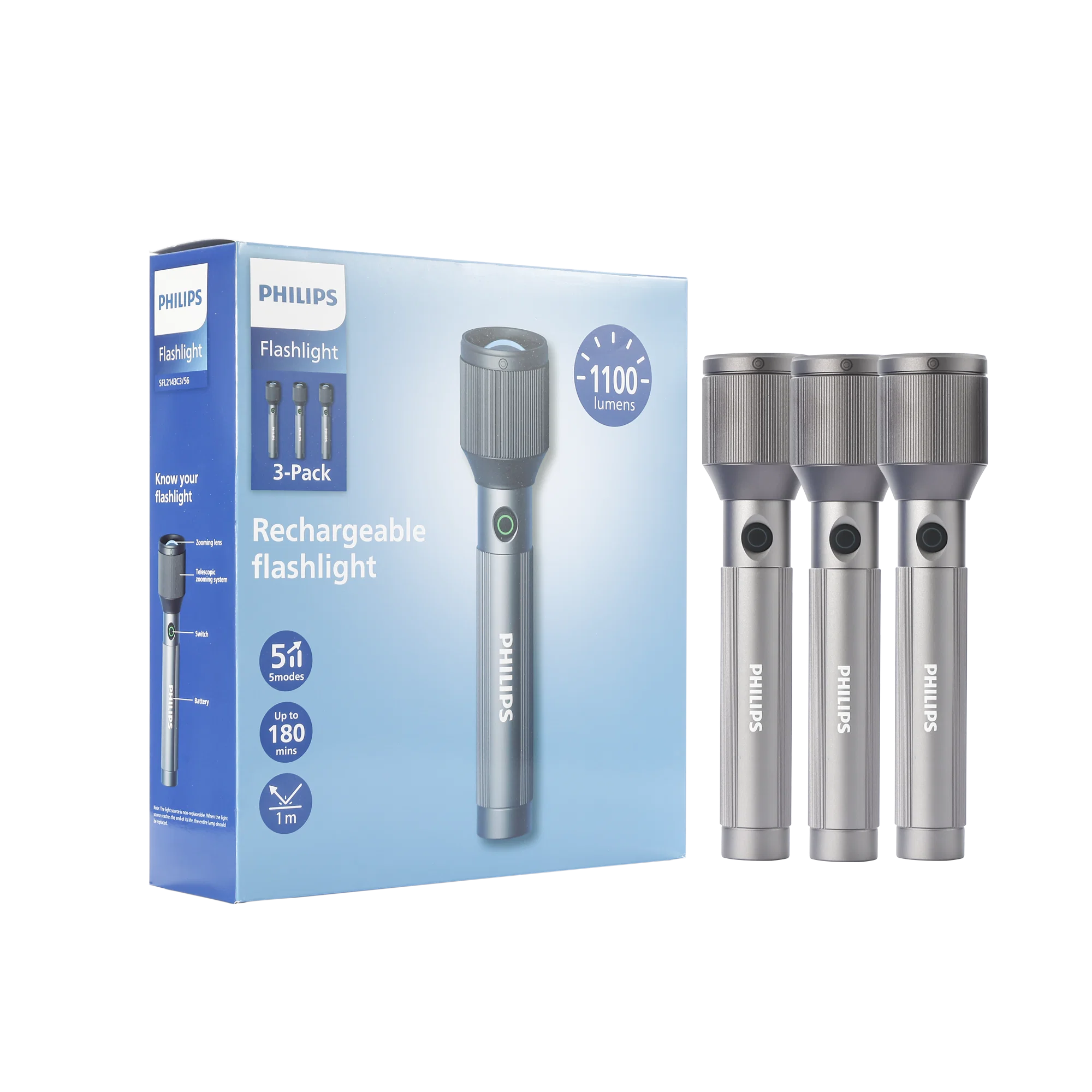 Philips Aircraft Aluminium Alloy 25cms Zoom LED Rechargeable Flashlight – 1100Lumens, 950m Range, 3000mAh SFL2143C3/56 ( PACK OF 3 ) Mohammed Fakhroo& Bros.