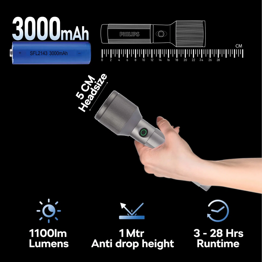 PHILIPS Aircraft Aluminium Alloy 25cms Zoom LED Rechargeable Flashlight – 1100Lumens, 950m Range, 3000mAh SFL2143/56