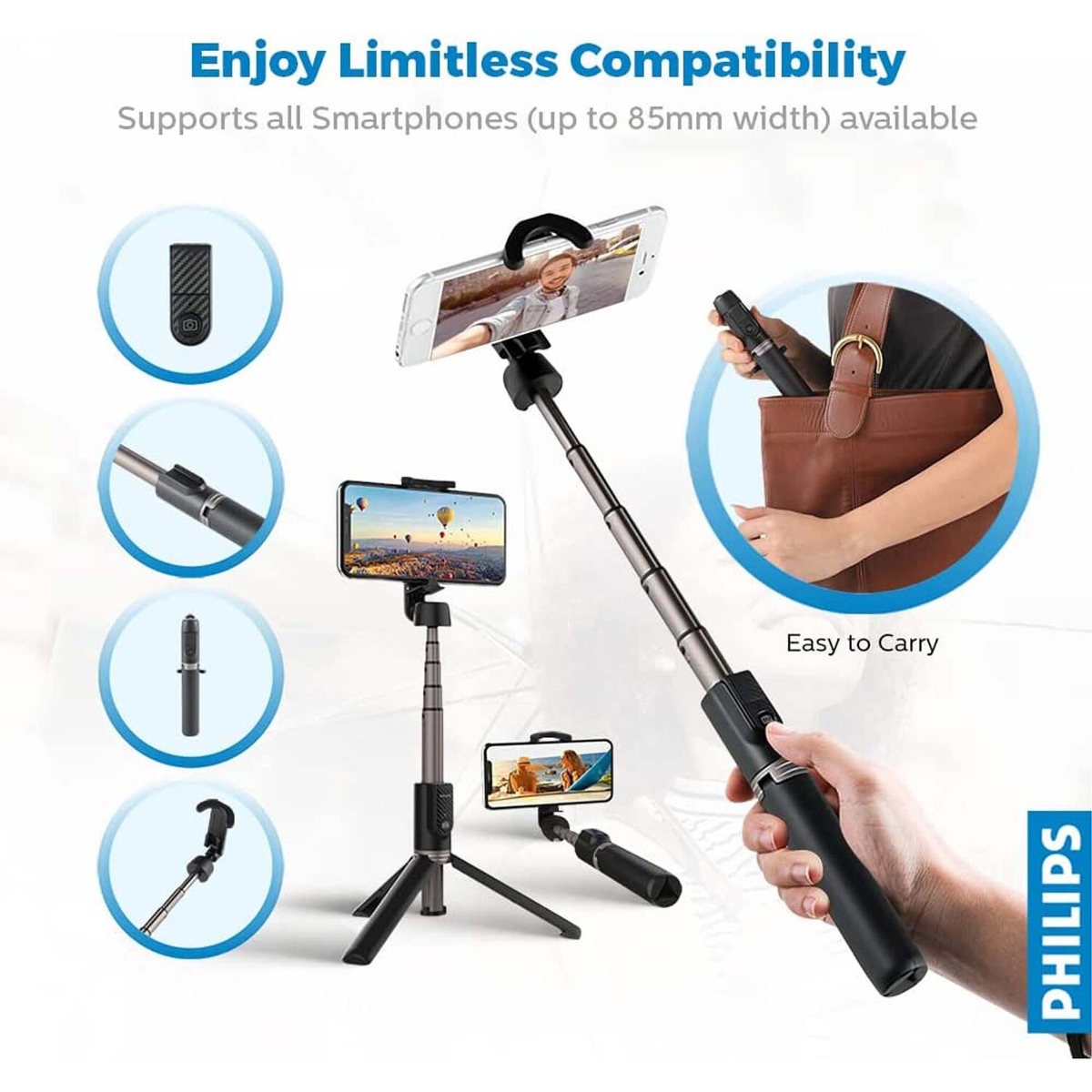 Philips Bluetooth Selfie Stick Aluminum Alloy adjustable angle foldable slim portable design (DLK3622NB/00)