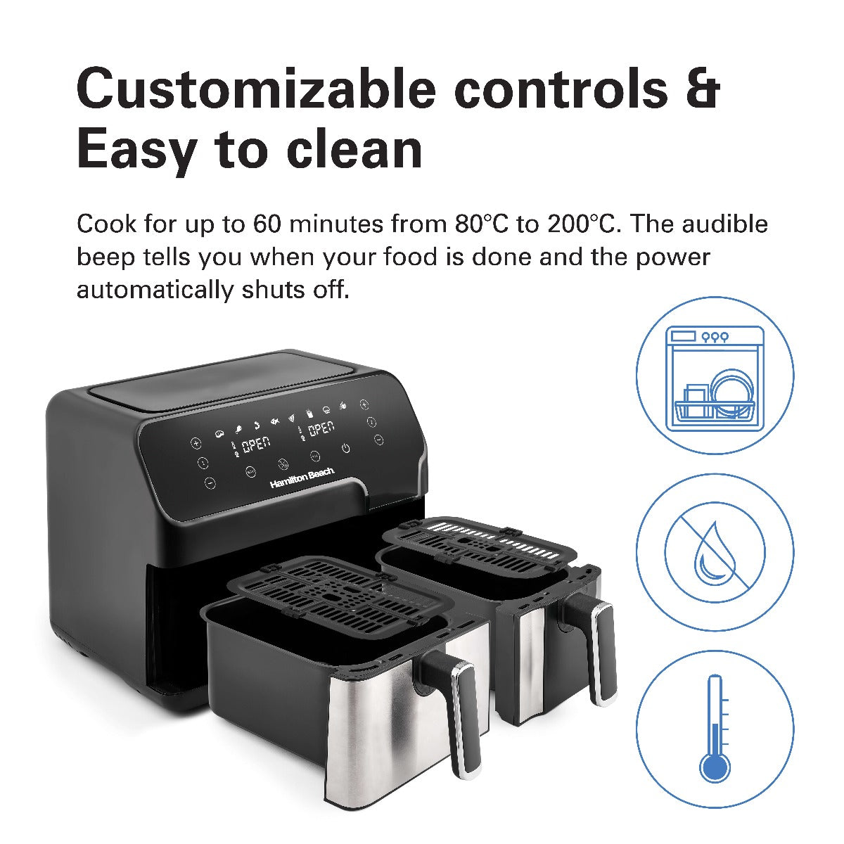 Hamilton Beach Dual Size 8.5L Digital Air Fryer, 5.3L and 3.2L capacity baskets-independently controlled + SYNC Finish Function, 8-in-1 cooking modes, 1700 Watts, AF5232-ME