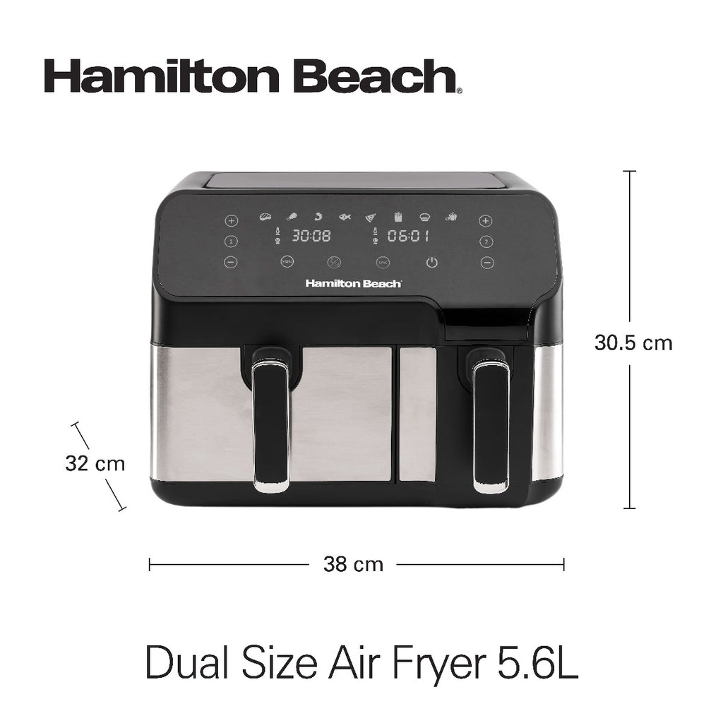 Hamilton Beach Dual Size 8.5L Digital Air Fryer, 5.3L and 3.2L capacity baskets-independently controlled + SYNC Finish Function, 8-in-1 cooking modes, 1700 Watts, AF5232-ME