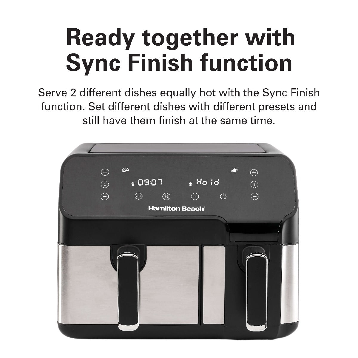 Hamilton Beach Dual Size 8.5L Digital Air Fryer, 5.3L and 3.2L capacity baskets-independently controlled + SYNC Finish Function, 8-in-1 cooking modes, 1700 Watts, AF5232-ME