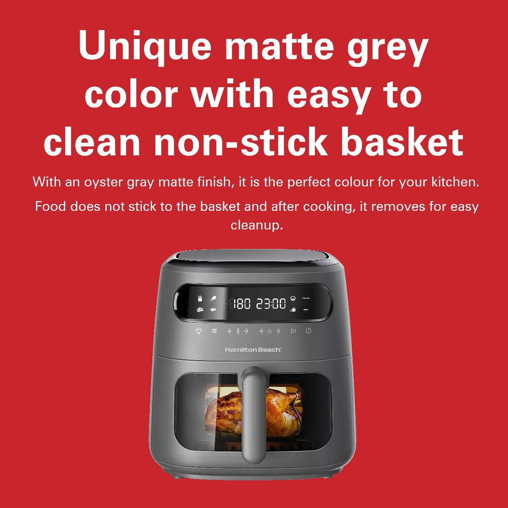 Hamilton Beach Digital Air Fryer View 8L, Large viewing window, 8 presets with dehydrate & defrost, Cook for upto 12 hours from 40°C to 200°C, 1750W, Matte Grey color, 2 Years Warranty, AFOGV8-ME.