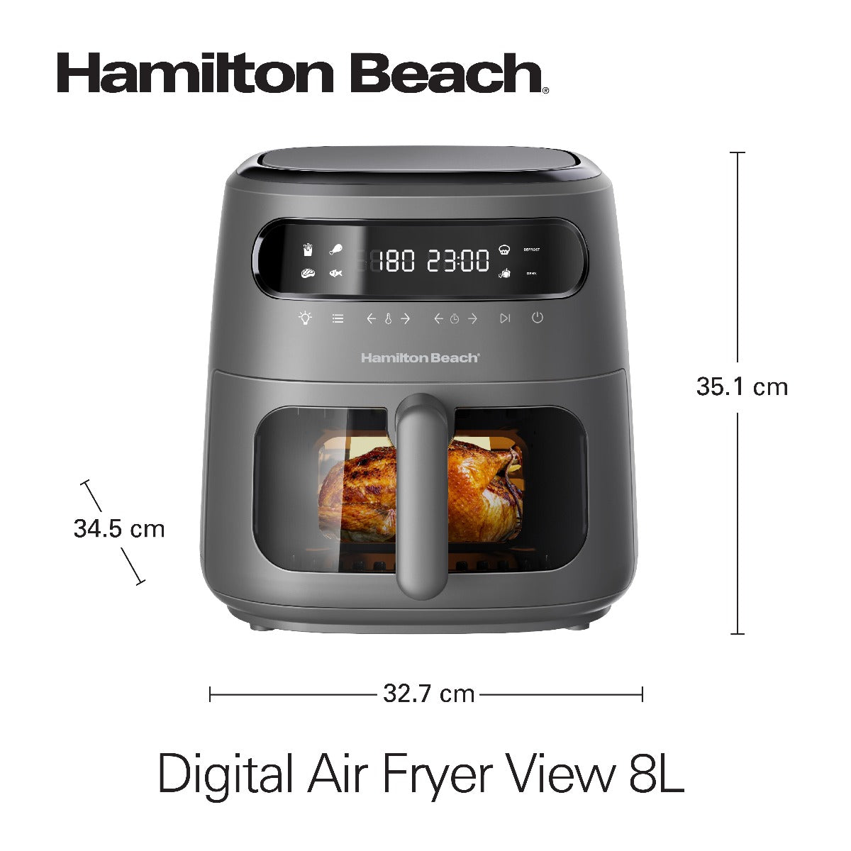 Hamilton Beach Digital Air Fryer View 8L, Large viewing window, 8 presets with dehydrate & defrost, Cook for upto 12 hours from 40°C to 200°C, 1750W, Matte Grey color, 2 Years Warranty, AFOGV8-ME.
