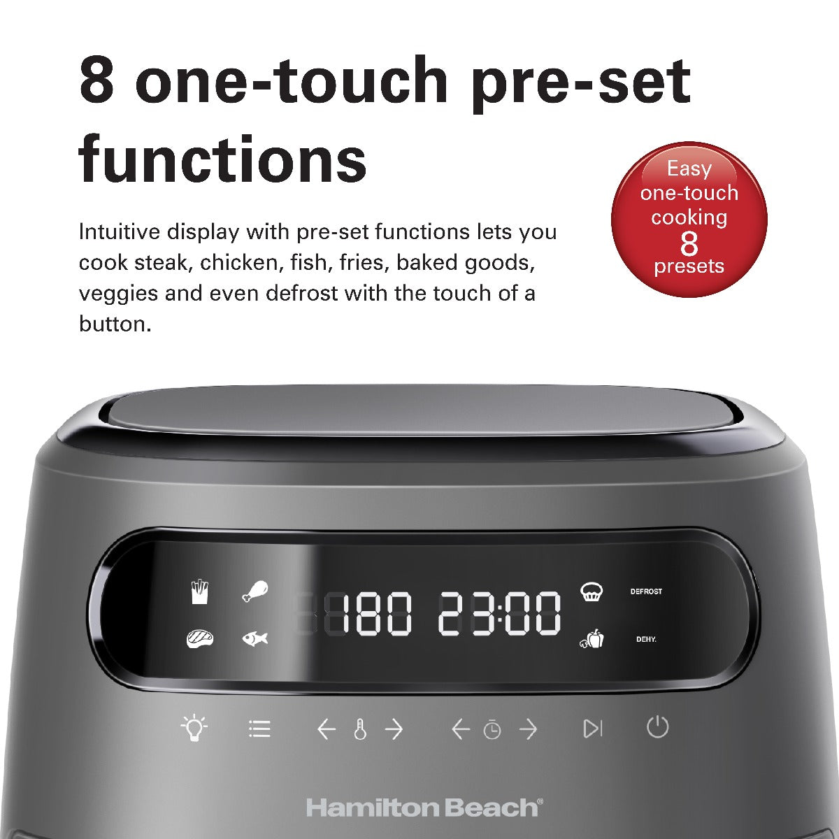 Hamilton Beach Digital Air Fryer View 8L, Large viewing window, 8 presets with dehydrate & defrost, Cook for upto 12 hours from 40°C to 200°C, 1750W, Matte Grey color, 2 Years Warranty, AFOGV8-ME.