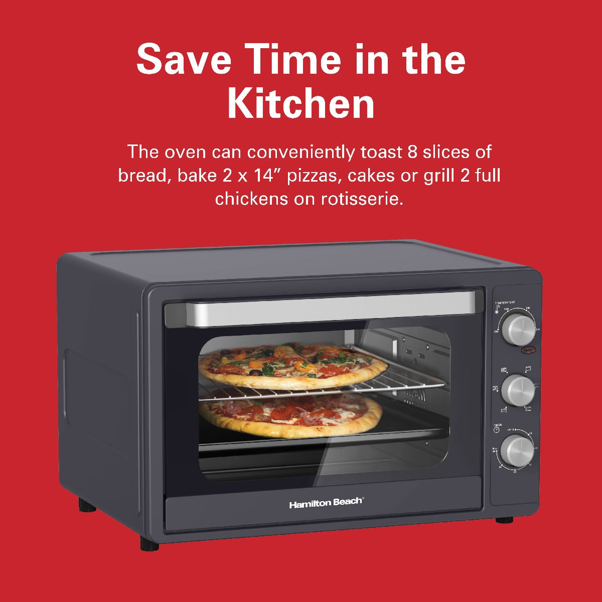 Hamilton Beach 55L 2200W Convection Toaster Oven with Rotisserie Grill, Double Walled Glass, Oyster Grey Color, 6 accessories, 6 functions, Max 230°C temp and 60 mins timer, CTGL55-ME