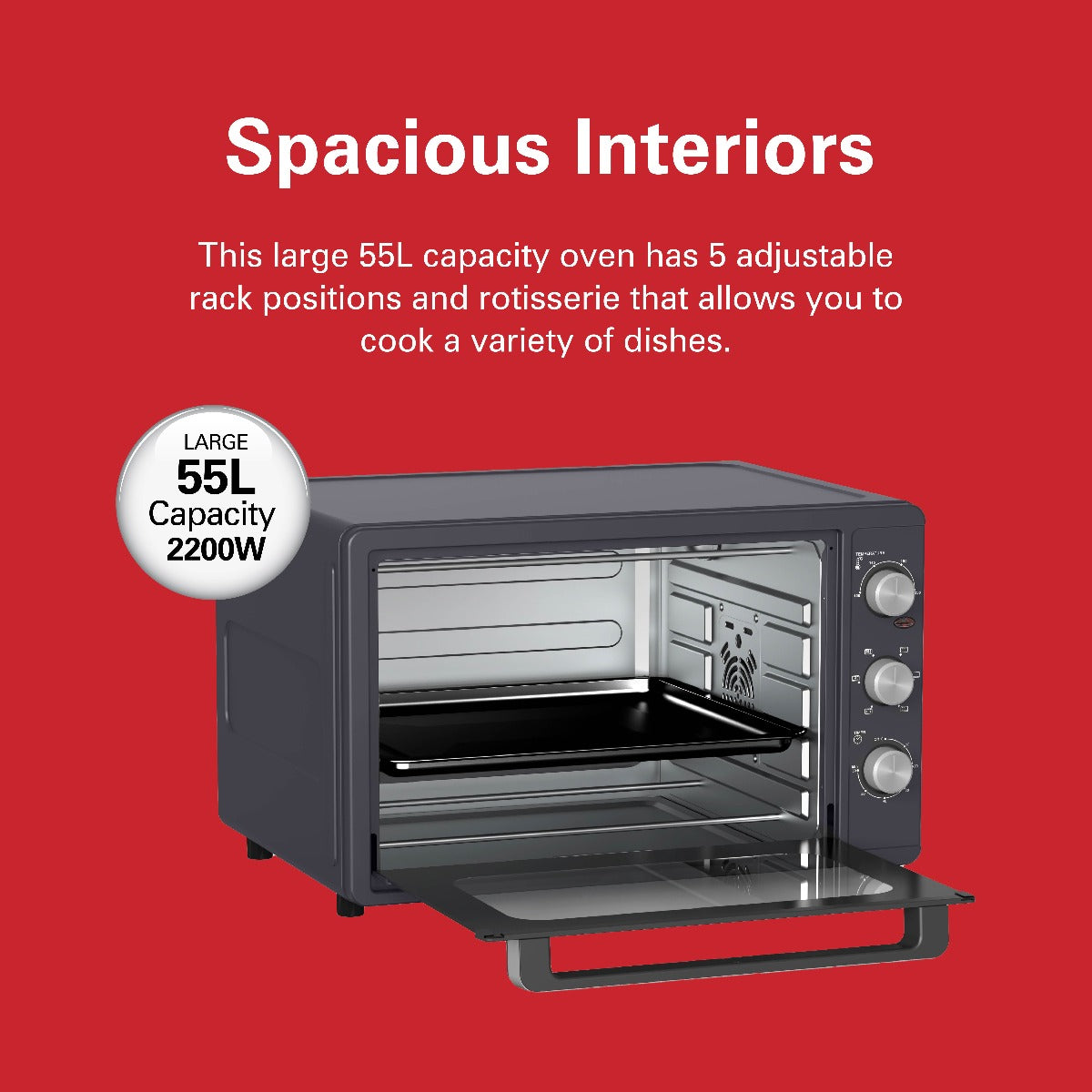 Hamilton Beach 55L 2200W Convection Toaster Oven with Rotisserie Grill, Double Walled Glass, Oyster Grey Color, 6 accessories, 6 functions, Max 230°C temp and 60 mins timer, CTGL55-ME