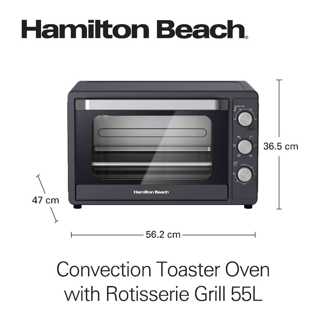 Hamilton Beach 55L 2200W Convection Toaster Oven with Rotisserie Grill, Double Walled Glass, Oyster Grey Color, 6 accessories, 6 functions, Max 230°C temp and 60 mins timer, CTGL55-ME