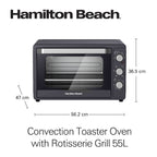 Hamilton Beach 55L 2200W Convection Toaster Oven with Rotisserie Grill, Double Walled Glass, Oyster Grey Color, 6 accessories, 6 functions, Max 230°C temp and 60 mins timer, CTGL55-ME
