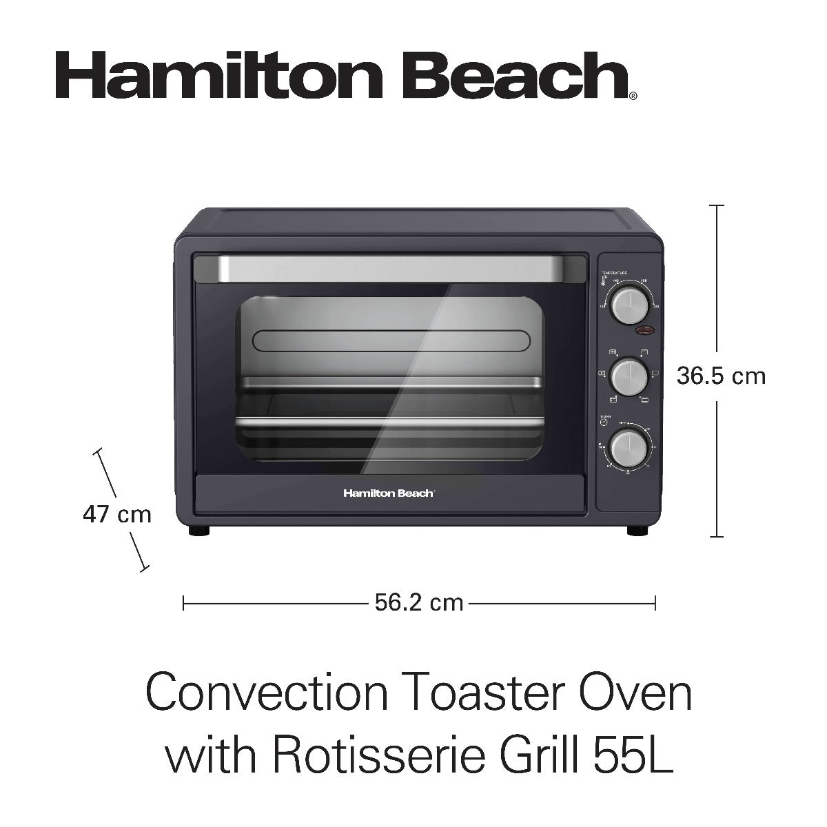 Hamilton Beach 55L 2200W Convection Toaster Oven with Rotisserie Grill, Double Walled Glass, Oyster Grey Color, 6 accessories, 6 functions, Max 230°C temp and 60 mins timer, CTGL55-ME