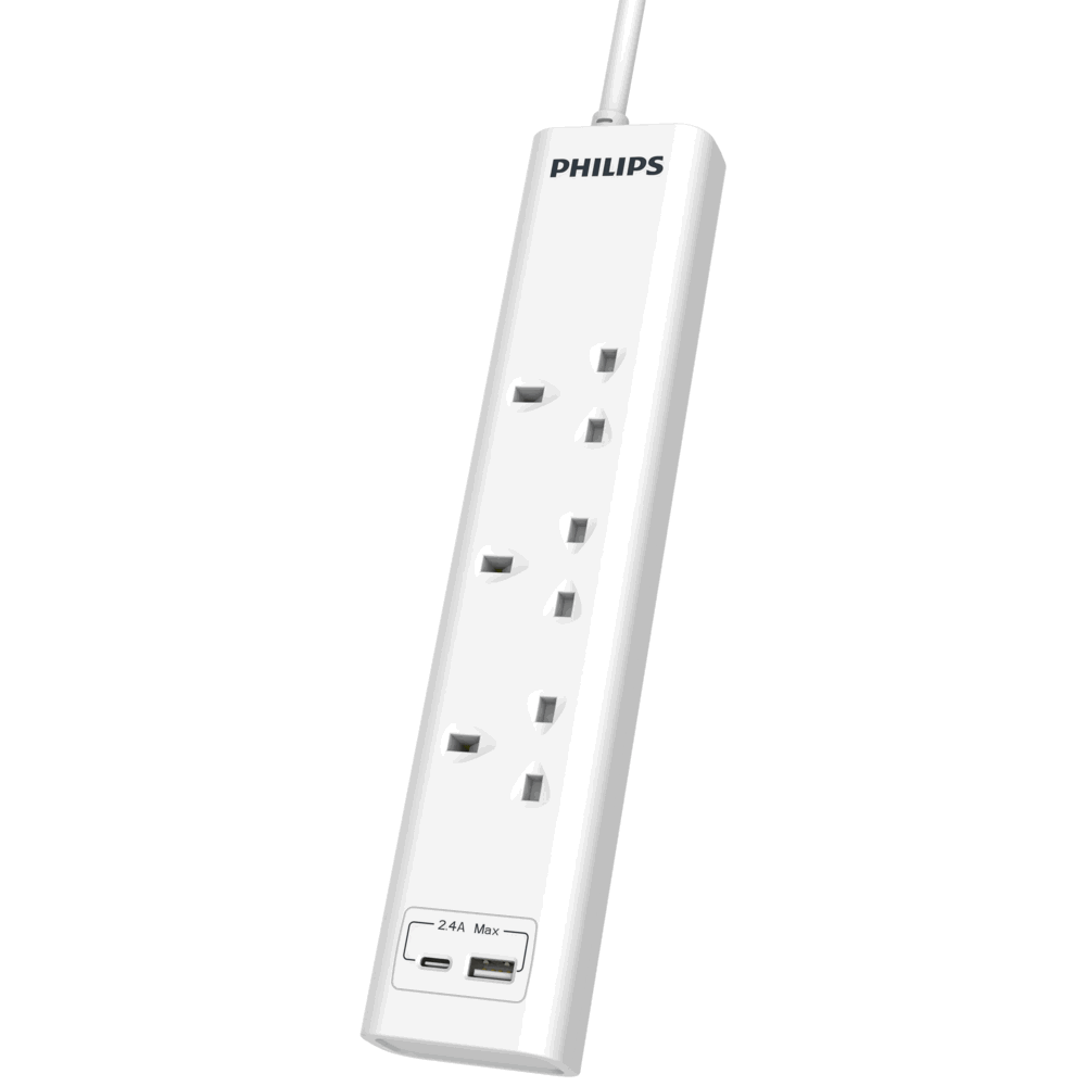 Philips Extension Cord , 3 Port UK, 1X USB-A & 1X USB-C, 2M, White - CHP4131WA/89