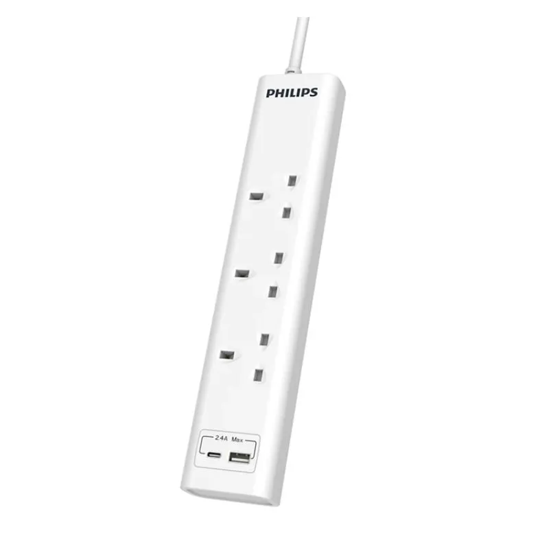 Philips Extension Cord , 3 Port UK, 1X USB-A & 1X USB-C, 3M, White - CHP4131WB/89